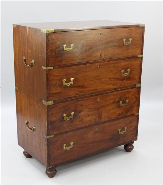 A Victorian brass mounted camphorwood campaign chest, W.3ft 1in.